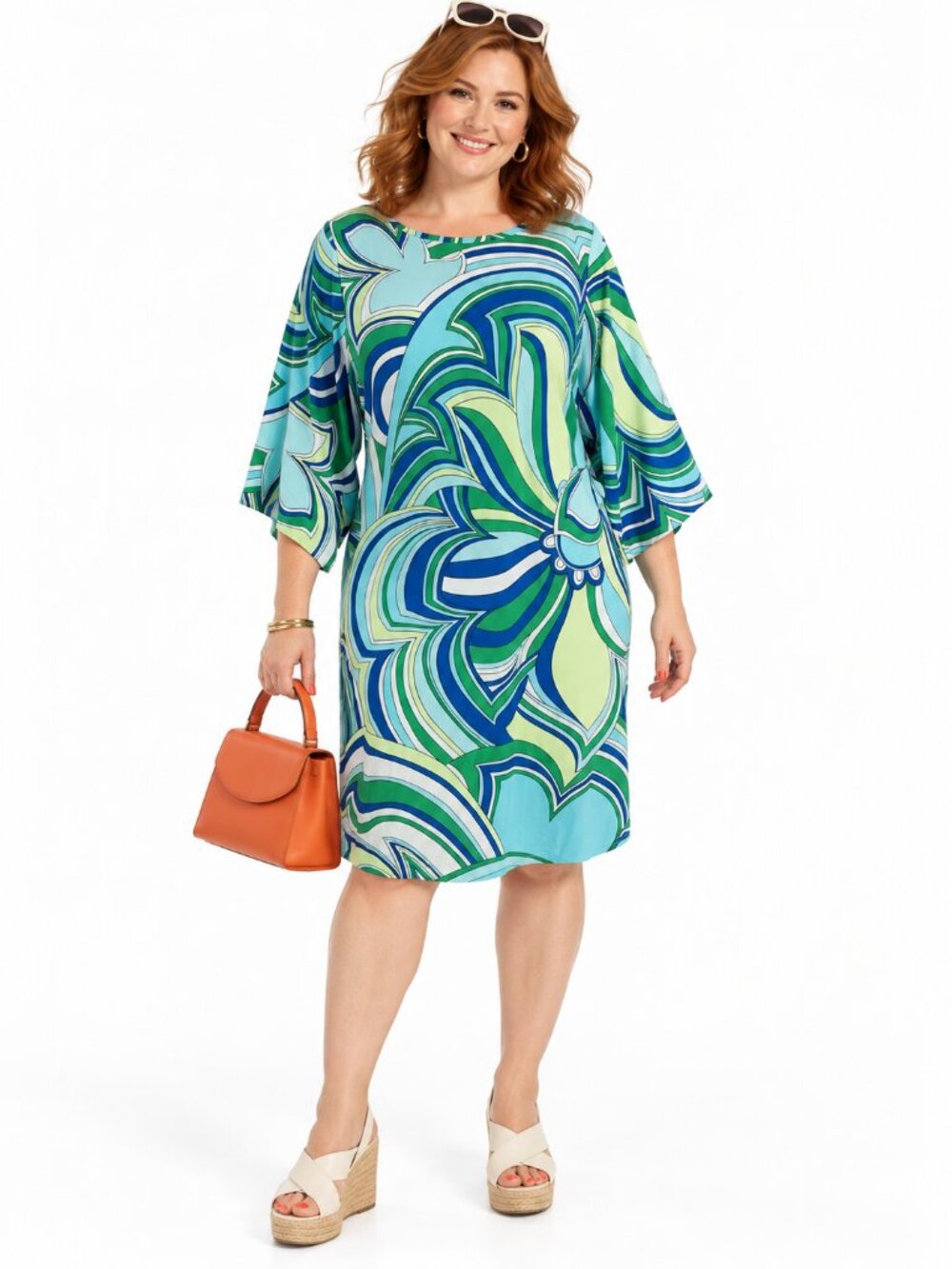 Chico's Blue Green Floral Swirl Dress Retro Mod Psychedelic Resort Size XL